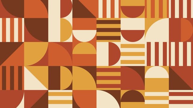 Warm Autumn Bauhaus Geometric Pattern Animation in Burnt Orange, Rust, Brown and Ochre with Flipping Quarter Circles and Stripes, Seamless Loop