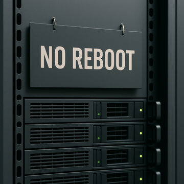 No reboot sign hanging above equipment in a server rack