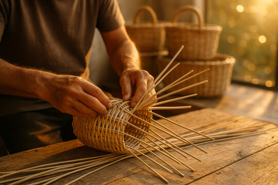 Artisan hands weaving a wicker basket on a wooden table