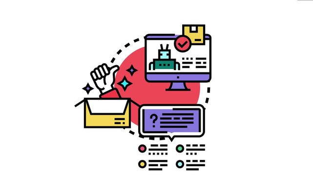 Customer leaving feedback after a purchase, participating in a post order satisfaction survey with a thumbs up from an opened box and a computer displaying a successful delivery and chatbot