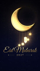 Vertical Eid Mubarak 2027 card with glowing gold crescent on midnight navy sky with hanging stars and lantern © Sidney vd Boogaard