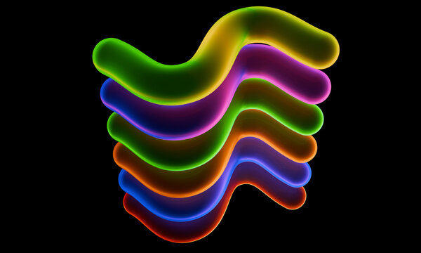 Stacked 3D neon waves floating on black