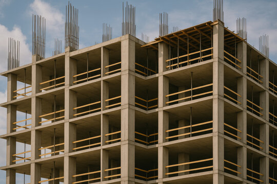 Concrete building frame rises with exposed rebar and safety rails
