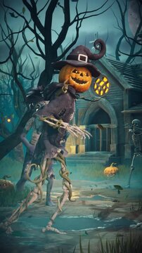 Funny scarecrow with pumpkin head and skeleton body and spooky zombies dancing at Halloween party, 3D animation
