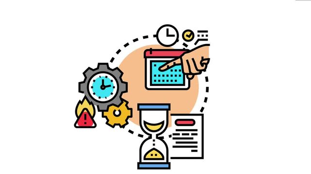 Hand pointing at a calendar date, indicating a postponed task with a clock, hourglass, gears, and a warning sign, time management challenges
