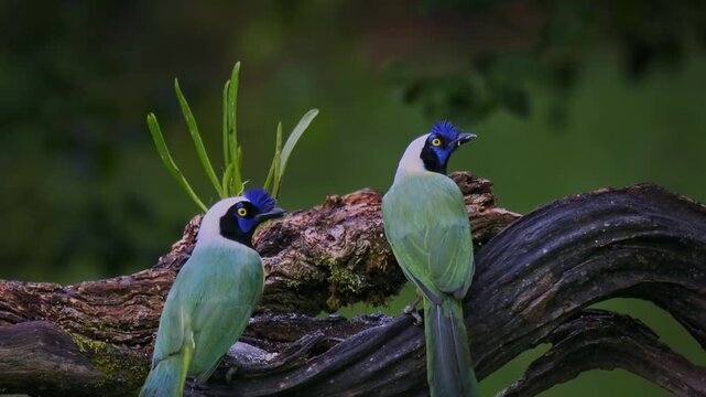 Green Jay Cyanocorax yncas, Inca Jay, two colorful jays with blue crown, black face, yellow eye, green back and yellow belly on gnarled branch with epiphyte, Colombia, 4K