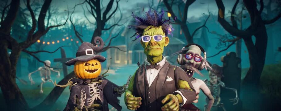 Spooky zombies and skeletons dancing at Halloween party, 3D animation
