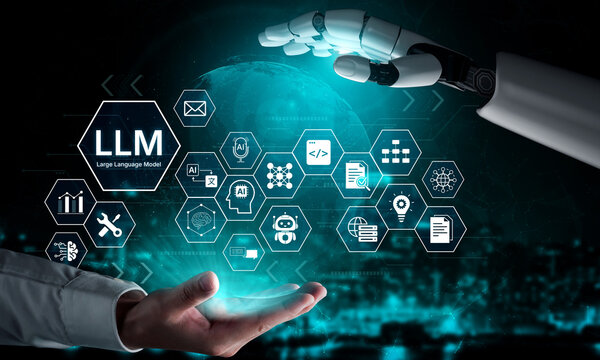 Large Language Model LLM processing data. Represents deep text learning, natural language processing NLP AI tech, transformer architecture, and generative AI deep learning future technology. Corpus
