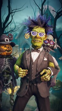 Spooky zombies and skeletons dancing at Halloween party, 3D animation
