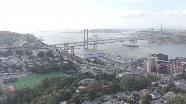 Alfred Zampa Memorial Bridge suspension bridge aerial view, Interstate 80, Vallejo and Crockett, California