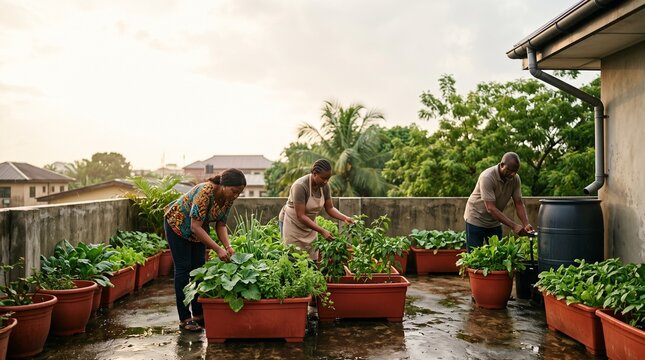 Neighbors tend a Nigerian rooftop rainwater garden