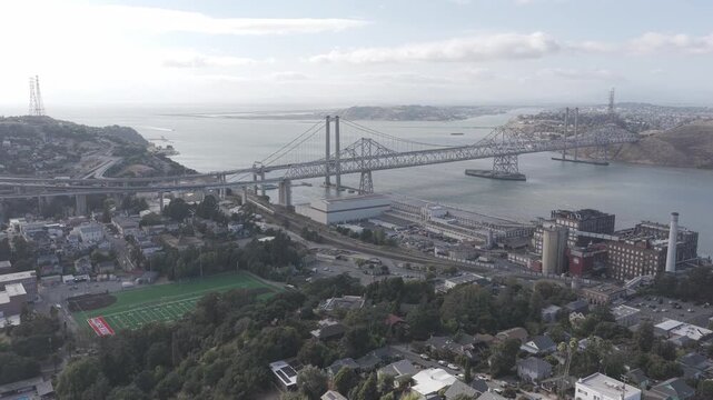 Alfred Zampa Memorial Bridge suspension bridge aerial view, Interstate 80, Vallejo and Crockett, California