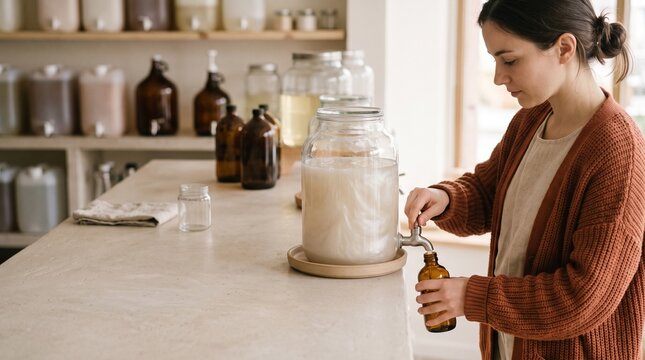 Customer decants body wash into a reusable glass bottle