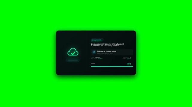 High end neumorphic cloud storage sync and upload dashboard animation. Features a dynamic server cloud, animated data streams, glowing progress bars, and a seamless 10 second data transfer loop.