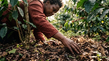 Fototapeta premium Grower enriches coffee soil with compost and mulch