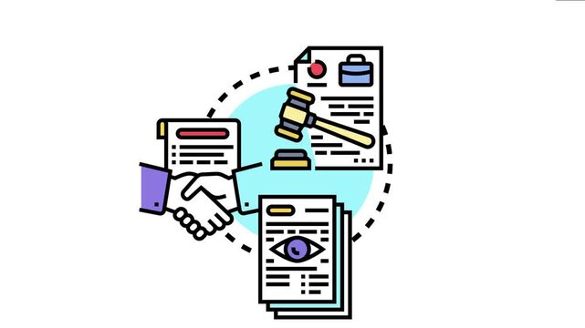 Power of attorney document concept legal representation, decision making, and trust through a sequence of official papers, a gavel, handshake agreement, and an overseeing eye