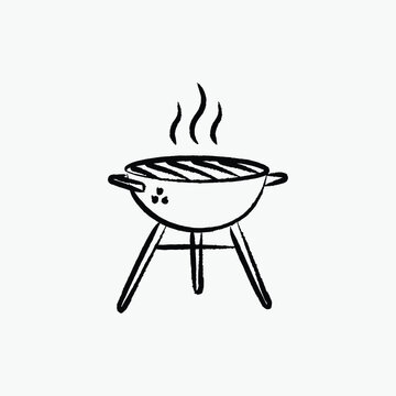 Barbecue grill with smoke hand drawn line art vector illustration isolated on white background
