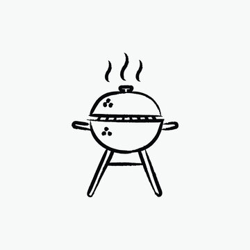 Outdoor kettle barbecue grill with lid and smoke hand drawn line art vector illustration isolated on white background