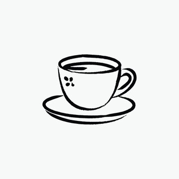 Hot coffee cup on saucer hand drawn line art vector illustration isolated on white background