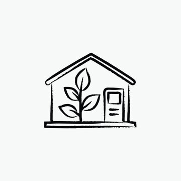 Eco friendly green house with plant growing inside hand drawn line art vector illustration isolated on white background