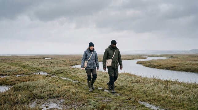 Ecologists cross a Danish salt marsh at seed season