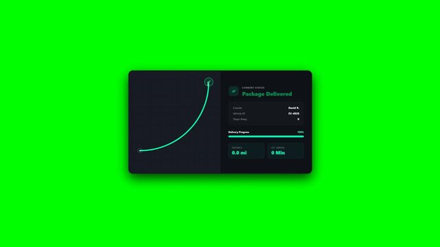 High end, clean dark-mode neumorphic package delivery tracker dashboard. Features a top down minimalist map with a mathematically animated delivery van, curved glowing route, live ETA telemetry.