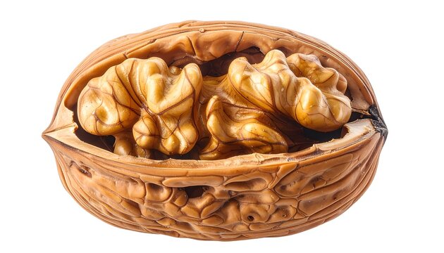 Nuez abierta con el fruto visible aislada sobre fondo blanco