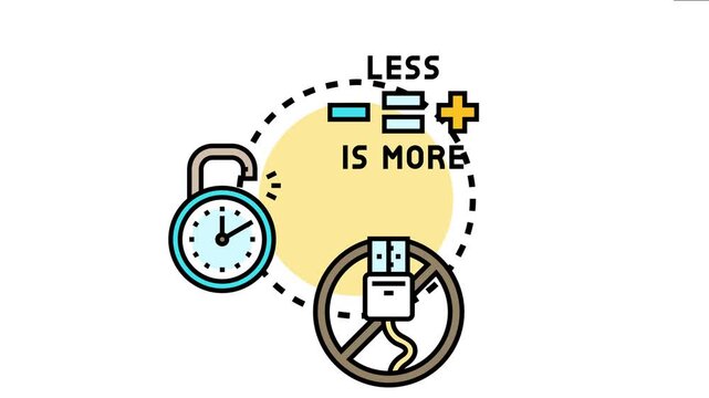 Practical simplicity concept less is more, optimizing time management with an unlocked padlock clock icon and avoiding complexity with a prohibited usb plug