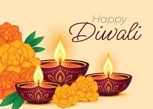 Happy Diwali greeting card with glowing diyas and marigold flowers, festive Indian Deepavali illustration for holiday celebration and spiritual design