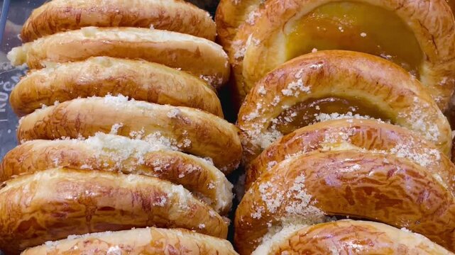 Close-up of rows of glazed yeast donuts on bakery rack, stacked upright and filled with soft cream or custard, sprinkled with coarse sugar. 
