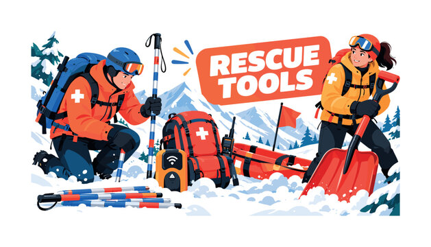 Avalanche Rescue Tools. A clean editorial banner about avalanche rescue gear, featuring two rescuers beside an oversized snow shovel and a large avalanche probe, with beacon, rescue sled, backpack,