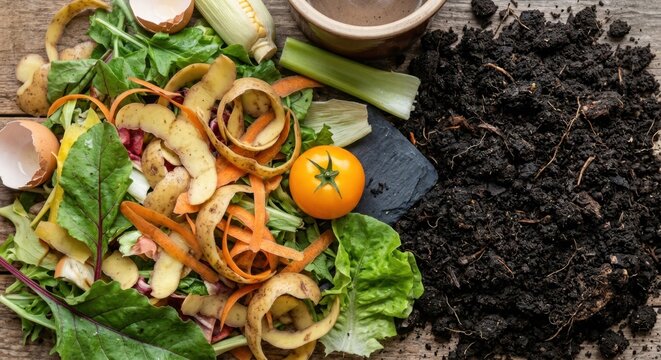 Top view of organic kitchen food waste including vegetable peels, eggshells and greens next to rich dark compost soil on a wooden table, concept of home composting and sustainability lifestyle.