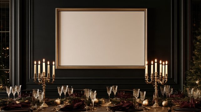 Luxury Christmas dining room mockup featuring a large blank framed artwork on the wall above an elegant dining table.