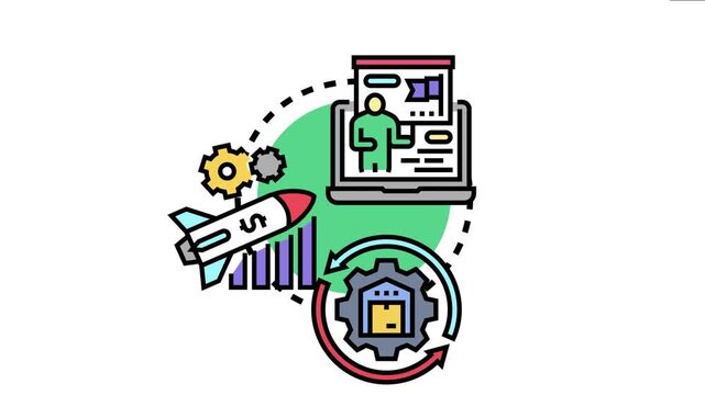 Pre launch asset management concept with a business person giving a presentation on a laptop. Alongside a rocket taking off with a money symbol. Gears. And a rotating warehouse icon
