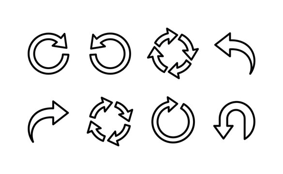 Reload Reset Controls, line icon set featuring reload arrow, reset arrow, refresh circle, undo arrow, redo arrow, sync arrows, restart loop and circular return arrow, covering reload, reset, refresh,