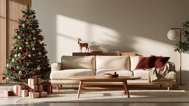 Bright Scandinavian family living room set up for Christmas morning with tree and gifts arranged Generative AI