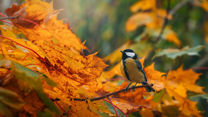 Great tit (Parus major) perched on branch among golden autumn maple leaves, beautiful wildlife photo with warm fall colors, soft bokeh, and shallow depth of field © Macro Viewpoint