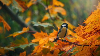 Great tit (Parus major) perched on branch among golden autumn maple leaves, beautiful wildlife photo with warm fall colors, soft bokeh, and shallow depth of field © Macro Viewpoint