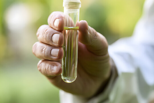 Environmental researcher holding a test tube filled with a water sample, ready for chemical contamination analysis. A close-up shot that proves useful for ecological studies and campaigns aimed at pol