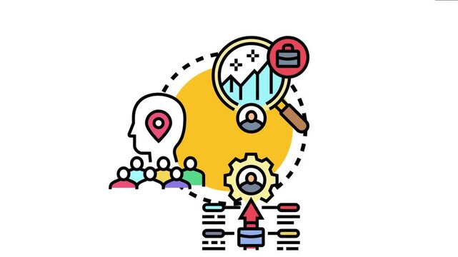 Icon concept business project management, involving strategic planning, analyzing data, allocating roles, and optimizing team resources for a successful staging process
