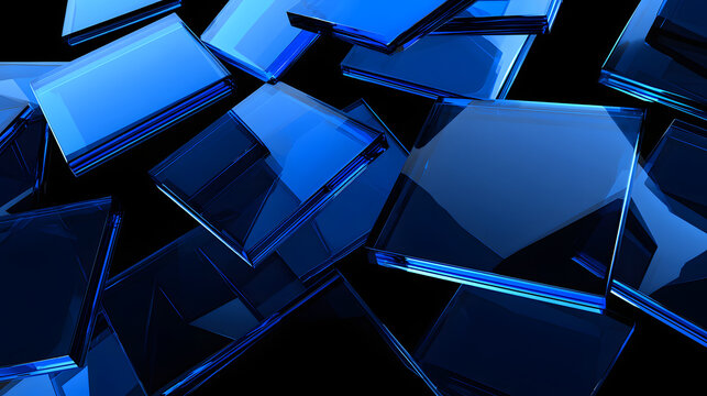 three-dimensional, abstract, glossy blue glass square plates, set against a black background. Perfect for product podiums, tech presentation slides, website headers, user interface/user experience des