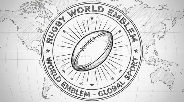 Circular rugby world emblem with ball and world map.