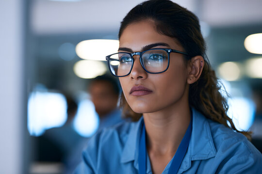 A focused close-up of an Indian female engineer, wearing glasses and an ID lanyard, as she works in a bright office, showcasing an unposed working moment in an inclusive technology workplace