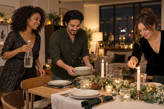 Amici preparano la tavola per una cena di Capodanno