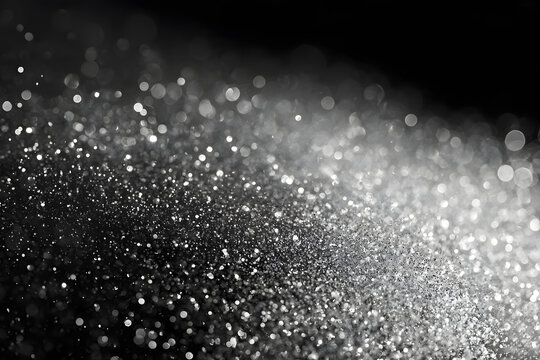 Silver glitter dots on a dark backdrop. Abstract monochrome shimmering particles reminiscent of Christmas or a galaxy, with a bokeh effect. Magical glittering dust.