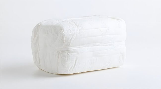 A plain white diaper package stands upright against a uniformly white backdrop, illustrating soft, absorbent infant care products, conveying simplicity and poise