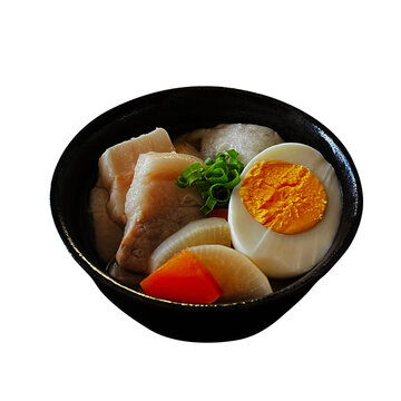塩豚雑煮 1杯の切り抜き。ゆで卵や白菜が入った鹿児島県徳之島の伝統的な郷土料理・お正月フード素材 俯瞰