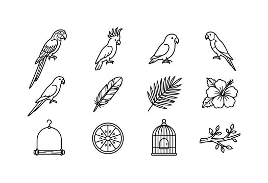 Tropical Parrot Collection, line icon set featuring macaw, cockatoo, lovebird, lorikeet, conure, parrot feather, palm leaf, tropical flower, perch, fruit slice, bird cage and jungle branch, covering