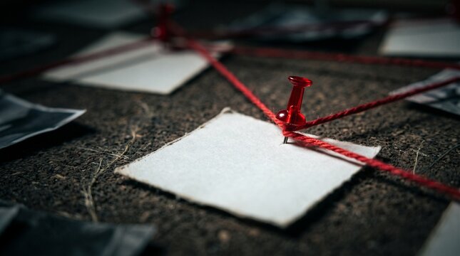 Close up of a detectives investigation board with red string connecting clues.