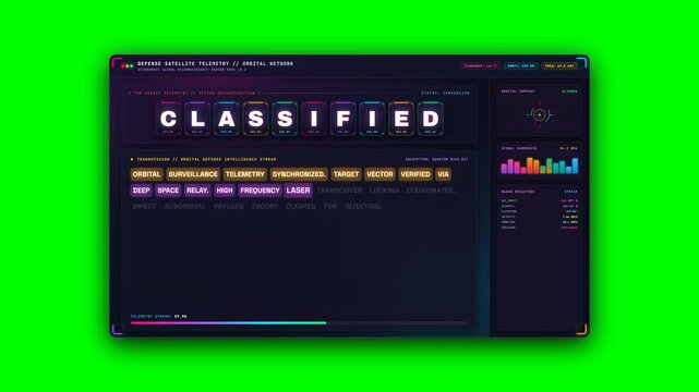 Futuristic orbital satellite telemetry interface featuring kinetic shattered typography assembly and dynamic multi color streaming data log. Perfect for sci fi cinema and tech broadcasts.